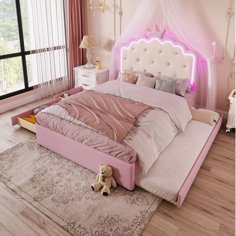 Lit coffre 140x200 PU rose avec tiroir HAVRYA (1/5)
