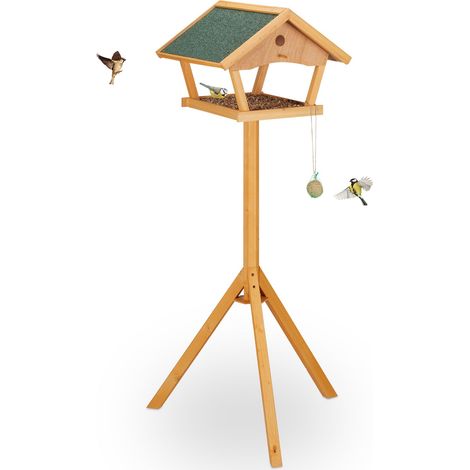 Relaxdays Mangiatoia per Uccelli con Supporto, Casetta con Tetto Resistente alle Intemperie, Casa Legno, Naturale/Verde (1/5)