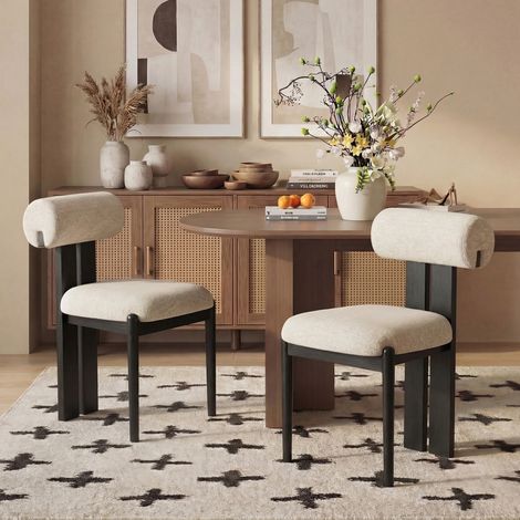 COLAMY Lot de 2 chaises de salle à manger modernes, dossier cylindrique, cadre en bois, pieds noirs, pour cuisine et salle à manger, beige