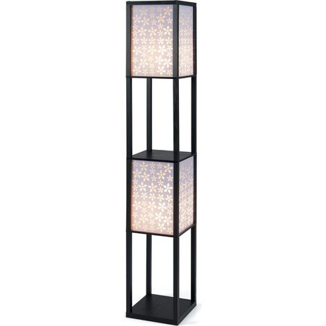 Lampadaire étagère noir à 2 lumières avec abat-jour acrylique floral, 2 étagères et douilles E27 pour salon, chambre et bureau