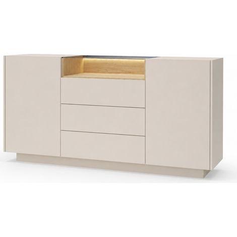 Credenza Madia Moderna Con Illuminazione LED 2 Ante 3 Cassetti Push To Open Vano A Giorno E Ripiano In Vetro Temperato Per Sala Da Pranzo 176.4 X 39.5 X 83 Cm Cashmere (1/5)