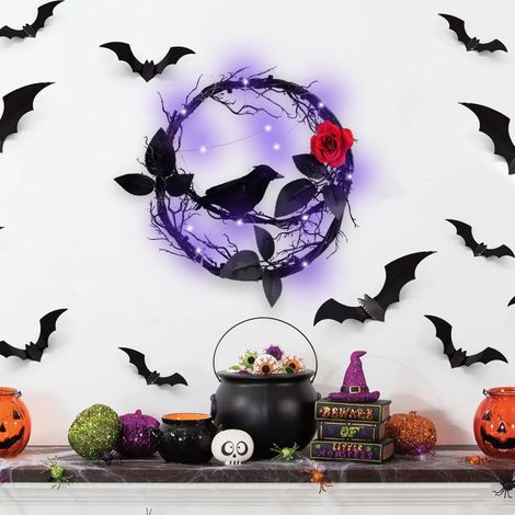 Couronne Halloween - Branche Morte Lumineuse - Corbeau Fleurie - Rose Rouge Simulée - Décoration Porte Intérieure Extérieure - 1 Pièce (1/5)