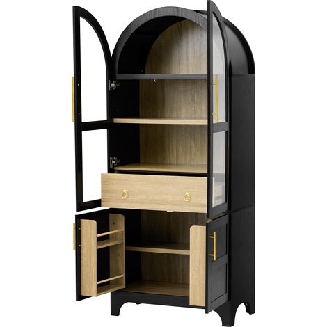 Buffet haut noir armoire de cuisine moderne avec verre cannelé et tiroir, meuble de rangement robuste 76x40x180cm pour salon (1/5)
