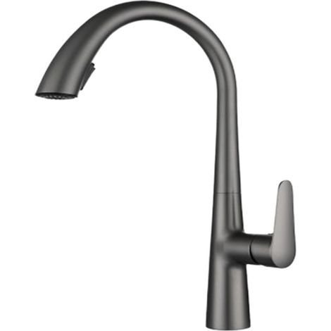 Robinet de cuisine Robinet de cuisine extractible entièrement en cuivre, robinet d'évier de lavabo anti-éclaboussures de qualité haut de gamme, buse cachée rotative chaude et froide(Gun gray) (1/5)