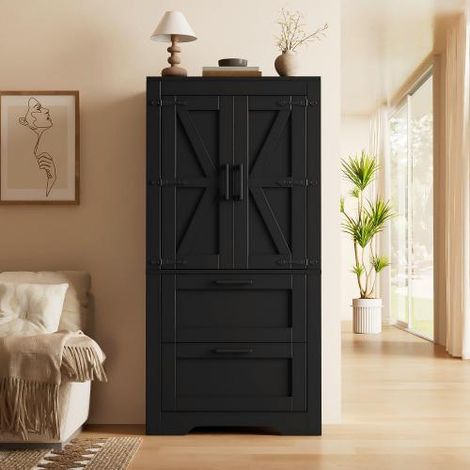 Mobile da cucina in stile rustico con 2 cassetti e ripiani regolabili, mobile laterale con ante scorrevoli, adatto come mobile contenitore per cucina, sala da pranzo e soggiorno, nero. (1/5)