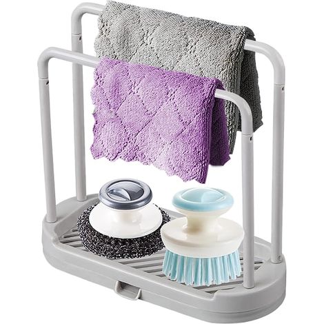 Porte-éponge de cuisine, support pour torchon et brosse, organisateur mural gris, séchoir à éponge et chiffon, crochet pour lavette, range-tout évier (gris) (1/5)