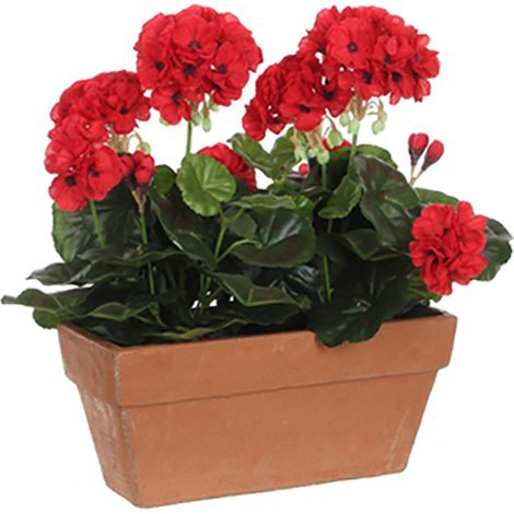 Géranium en PVC rouge dans jardinière 29x13x40cm – Décoration balcon – Facile à entretenir – Fleurs rouge vif pour extérieur (1/3)