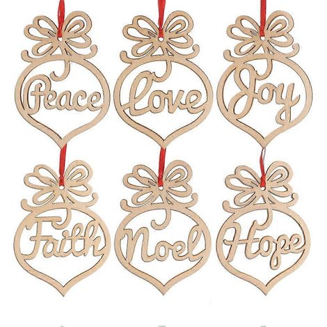 Lot de 6 pendentifs de Noël en bois « Paix, Joie, Foi, Amour, Espoir » pour sapin de Noël et décoration du Nouvel An. (1/5)