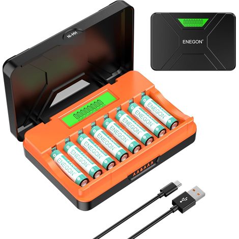 Chargeur Rapide 8 Logements pour Piles AA/AAA avec Écran LCD + 8 Piles AAA Ni-MH (1100mAh), Station de Charge et Stockage USB-C – pour Télécommandes, Thermomètres et Électronique (1/5)