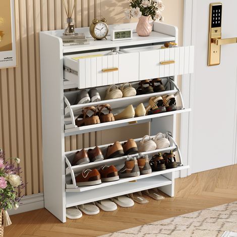 Scarpiera salvaspazio con ante ribaltabili, 75x24x108.5 cm, 2 scomparti, 1 cassetto, truciolare, bianco (1/5)