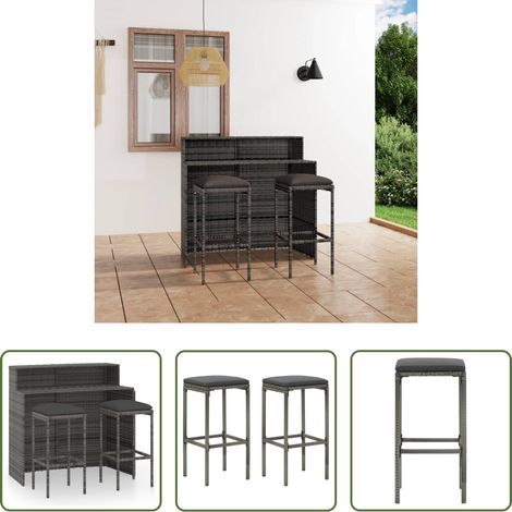 Gartenmöbel -  3-tlg. Gartenbar-Set mit Kissen Grau (1/5)