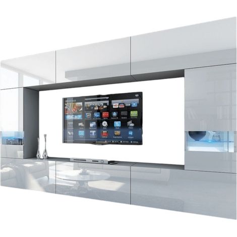 Conjunto de muebles de salón blancos, colgantes colección CEPTO XXIX. 249cm, 8 muebles, leds, modulares.