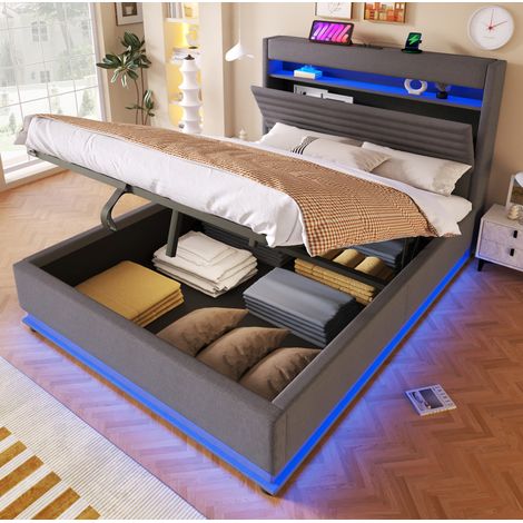 Cama tapizada moderna 140x200 cm de lino gris con cabecero, LED, USB/Type-C y almacenamiento hidraulico