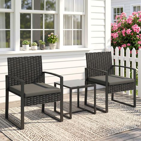 Salon de jardin extérieur en résine tressée 2 personnes, table de jardin avec 2 chaises, plateau en verre trempé, noir (1/5)