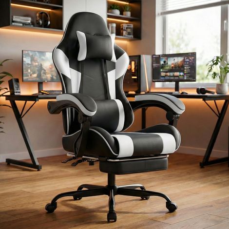 Silla ergonómica para gaming - 58,5 x 63 x 120,5 cm - Soporte lumbar, reposabrazos articulados y reposapiés - Negro y blanco (1/5)