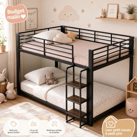 Etagenbett 140/200 cm schwarz aus Metall und MDF mit Holzstufen, Rausfallschutz und stabilem Aufbau (1/5)