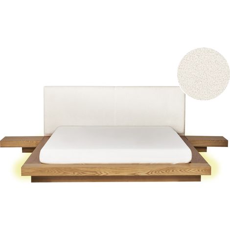 Cama LED moderna con plataforma mesitas de noche cabecero de bouclé madera de fresno natural 160 x 200 cm Zen