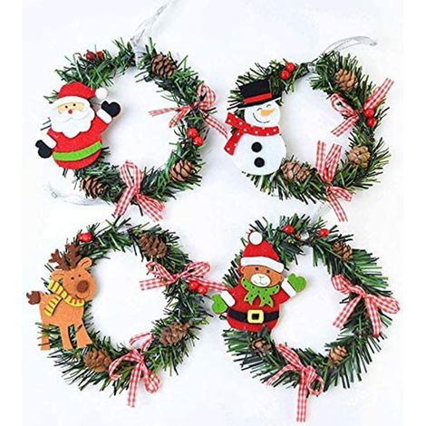 Couronne De Noel - 15 Cm - Decoration Arbre De Noel Et Porte - En Plastique PET Et Tissu Non Tissé - Motif Pere Noel Bonhomme De Neige Ours Orignal - Lot De 4 (1/5)