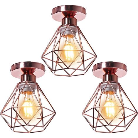 3PCS Plafonnier Rétro Or Rose Lampe De Plafond E27 Cage En Métal Luminaire Plafonnier Vintage D'Intérieur (1/5)