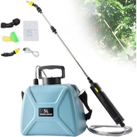 Pulvérisateur de sac à dos 1,3 gallons pulvérisateur électrique USB pulvérisateur de jardin rechargeable avec 3 buses de brouillard, 23,6 '' pulvérisateur à eau rétractable, bleu, pulvérisateur (1/4)