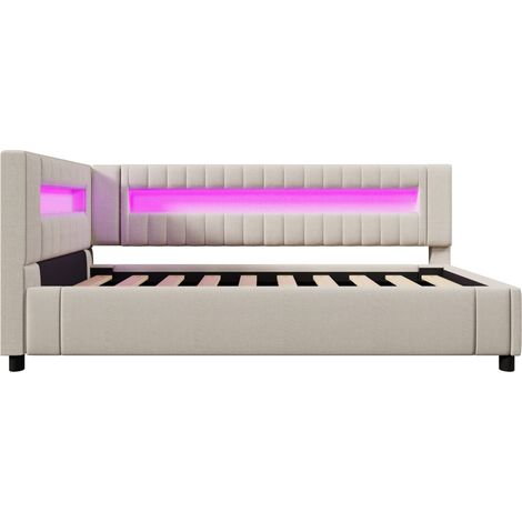 Cama de día 90 x 200 cm de lino beige con LED, almacenaje hidráulico, USB y USB-C, sin colchón (1/5)