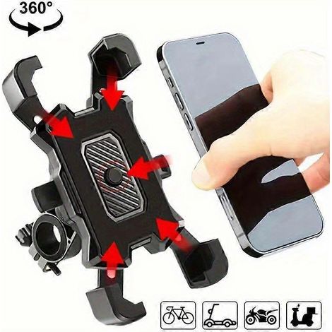 Support de téléphone pour moto et vélo, verrouillage automatique ABS à 4 griffes, support de guidon rotatif à 360° pour vélo électrique et scooter, noir (1/5)