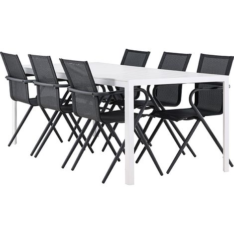 Break Gartenset Tisch 90x205cm weiß, 6 Stühle schwarz.