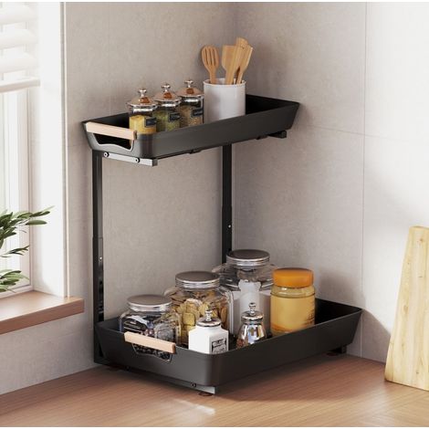 Estantería de cocina de plástico negro, 2 cestas, altura regulable 40 x 30 x 33,5-42 cm (1/5)