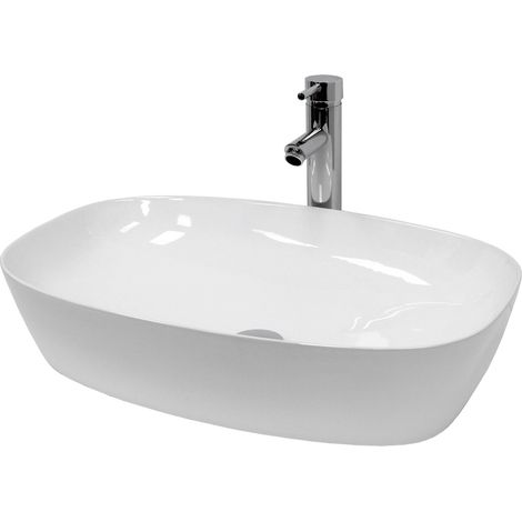 ECD Germany Waschbecken Waschtisch 605x380x140 mm Keramik Oval Weiß inkl. Ablaufgarnitur für Waschbecken ohne Überlauf Aufsatzbecken Aufsatzwaschbecken Aufsatzwaschtisch Waschschale Spülbecken Becken