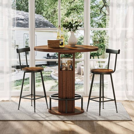 Ensemble table de bar 3 pièces – 1 Table avec deux tabourets – Table ronde en MDF avec repose‑pieds circulaire en métal – Pour salle à manger, bar et salon – 80 cm – Finition noyer (1/5)