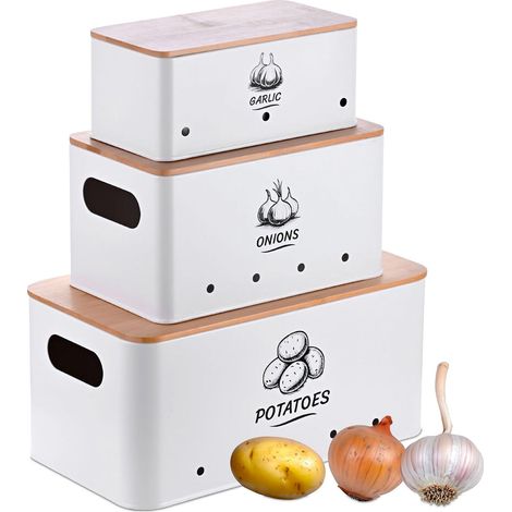 lot de 3 boîtes de rangement, pommes de terre, oignons, ail, boîte de conservation cuisine, métal, blanc (1/5)