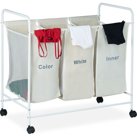 Relaxdays – Panier à linge 3 compartiments 100 litres – Dimensions 76 x 80 x 46 cm – Polyester avec roulettes blocables – Pour tri efficace du linge (1/5)