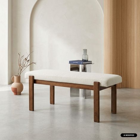 Banc. bout de lit bois d'hévéa teinte noyer et tissu texturé - Noma Noyer / Blanc cassé (1/5)