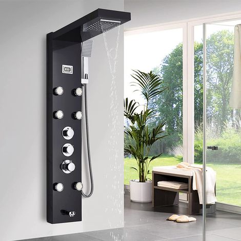 Thermostatic Shower Tower Panel with Temperature Screen 5 Functions Rainfall and Waterfall Shower Head Hand Sprayer Massage Jets Tub Spout Black Stainless Steel Bathroom Shower System