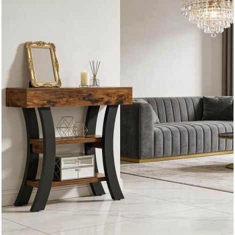 Mesa consola 105x30x80 cm negro y marrón rústico en MDF y metal con 3 estantes y patas ajustables (1/5)