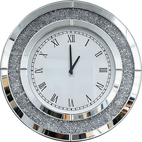 Reloj de pared con incrustaciones de diamantes triturados, diseño moderno, color plata. (1/2)