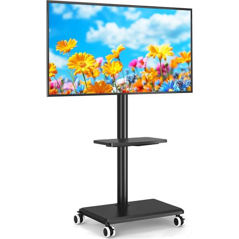 Support TV Roulettes Pied TV pour Télé de 27-55 Pouces, Réglable en Hauteur et Pivotant Support TV sur Pied avec Roulettes Meuble Support TVs avec Base en Bois VESA Max 400x400mm Max 30kg (Noir)