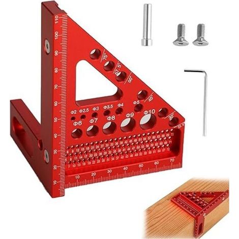 équerre 3D - Angle réglable de 22,5° à 90° - outil de menuiserie de haute précision en alliage d’aluminium - 3 en 1 : traage/perage/mesure - adapté aux menuisiers et aux ingénieurs (Rouge) (1/4)