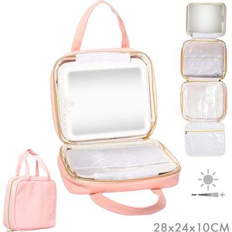 Mallette Dépliable à Cosmétiques Avec Miroir Led Et Crochet De Suspension, Rose, 27 X 8,5 X 22 Cm