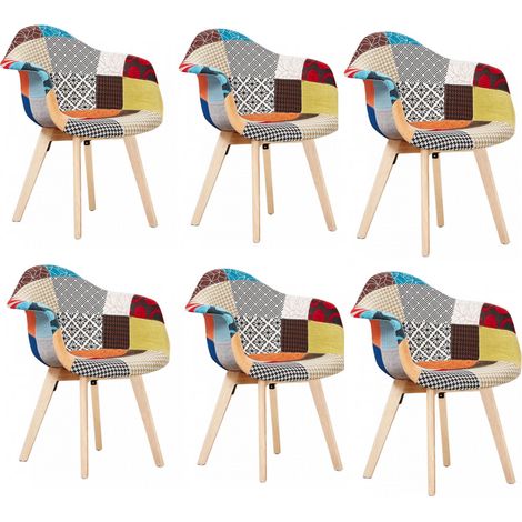 Set of 6 Patchwork Retro Tub Dining Chairs - Upholstered in Fabric, Cushion Padded and Solid Wooden Legs - Armchair for Dining Room Kitchen Living Room - Multicoloured