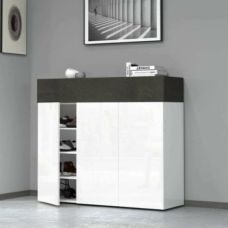 Dmora - Zapatero Nick, zapatero con 4 puertas que ahorra espacio, armario de entrada multifuncional, 114x38h100 cm, blanco y antracita, con embalaje reforzado (1/5)
