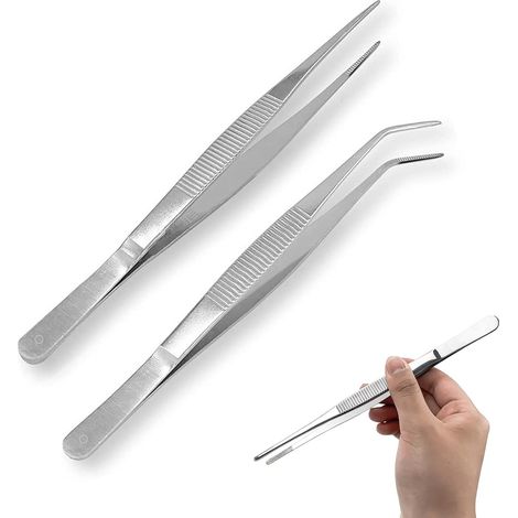 Lntyq Pince a Epiler Professionnelle, 2 Pinces en Acier Inoxydable 25cm Longues Droites/Incurvées, Tweezers avec une extrémité dentelée de précision, pour le travail industriel, laboratoire (1/5)