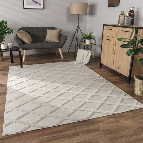 Paco Home Teppich Wohnzimmer Schlafzimmer Kurzflor Boho Skandi Raute 3D Grau Anthrazit 120x160 cm, Creme