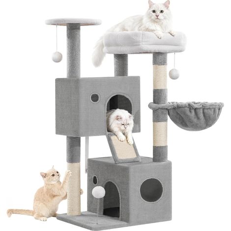 Albero Tiragraffi per Gatti 108 cm, Torre per Gatti da Interno con Tiragraffi, Comode Grotte, Posatoi, Palline di Peluche, Cestino per Gatti, Tavola Tiragraffi, Grigio Chiaro (1/5)