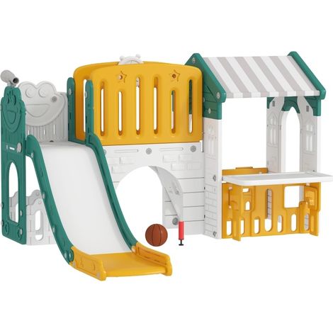 Aire de jeu 7-en-1 pour enfants avec toboggan, maison de jeu, tableau, panier de basket - Plastique jaune et vert, 1-4 ans (1/5)
