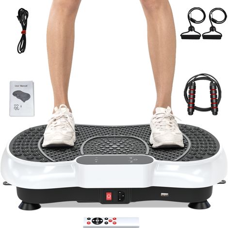 Plataforma vibratoria - 99 niveles de vibración - 15 programas de entrenamiento - Pantalla LED - Altavoces integrados/Bluetooth - Máx. 150 kg - Bandas de resistencia y cuerdas de saltar - 56x37x16 cm