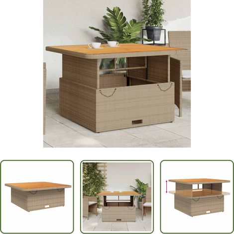 vidaXL Table de jardin réglable - Table de jardin beige 110x110x71 cm résine tressée bois acacia (1/5)