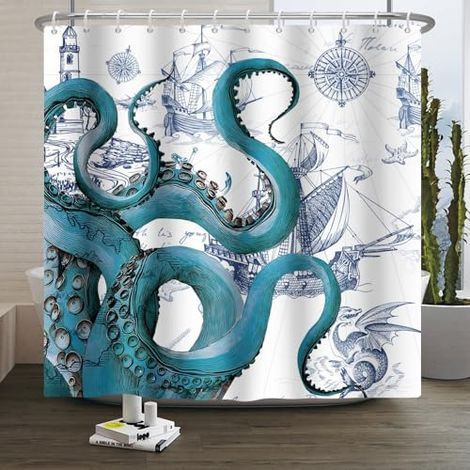180x180cm Rideau de Douche Bleu Pieuvre Nautique Phare de Bateau Pirate Vintage Rideau de Salle de Bain en Polyester Vie Marine Voyage côtier Blanc Résistant à la moisissure Décoration (1/4)