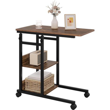 Table d'Appoint avec roulettes, Table Basse en Forme de C, Bout de Canapé, Plateau à Hauteur Réglable, 2 Étagères, en Bois d'Ingénierie et Métal, Marron Rustique + Noir