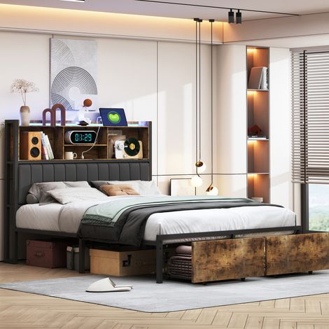 lit double 140 x200cm , lit adulte avec 2 tiroirs, lit capitonné avec éclairage LED et chargement USB, tête de lit avec rangement, PU, noir (1/5)
